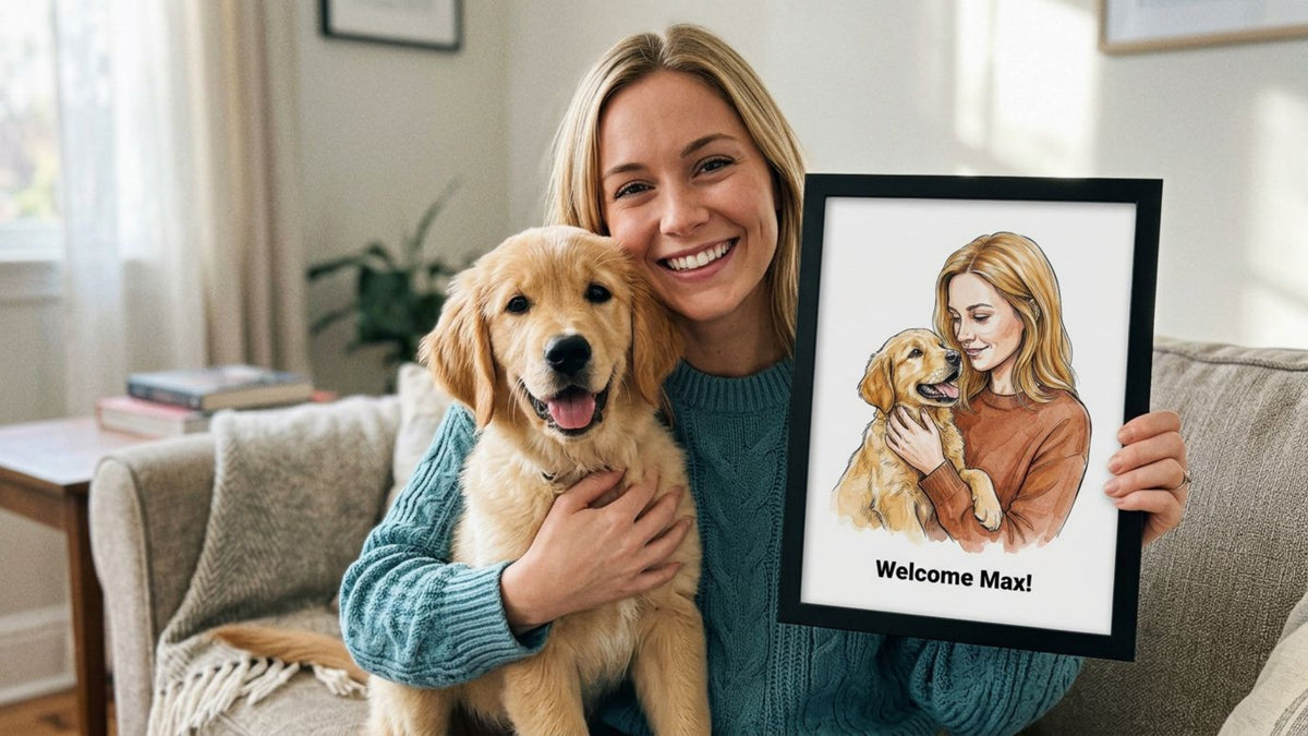 Custom watercolor pet portrait displayed as a meaningful gotcha day gift for a pet parent
