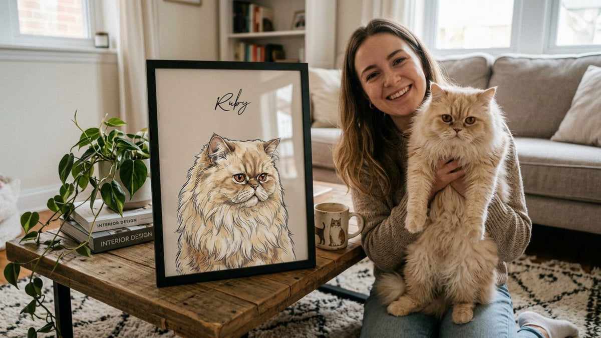 Custom watercolor cat portrait displayed as modern cat lover wall art in a cozy home