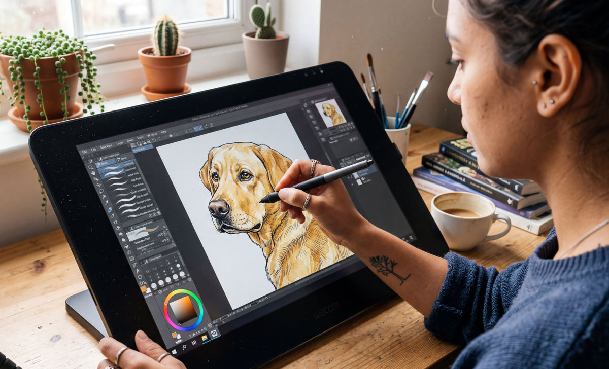 Custom watercolor pet portrait timeline showing proof, approval, production, and delivery