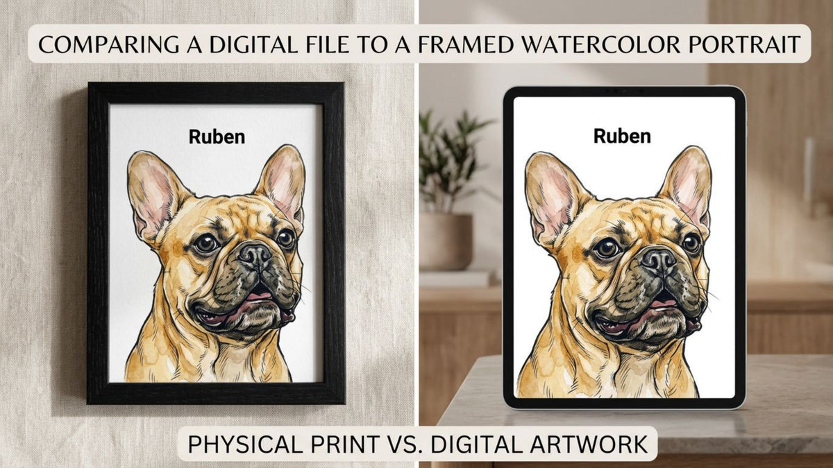 Framed watercolor pet portrait displayed in a cozy home beside a digital pet portrait preview