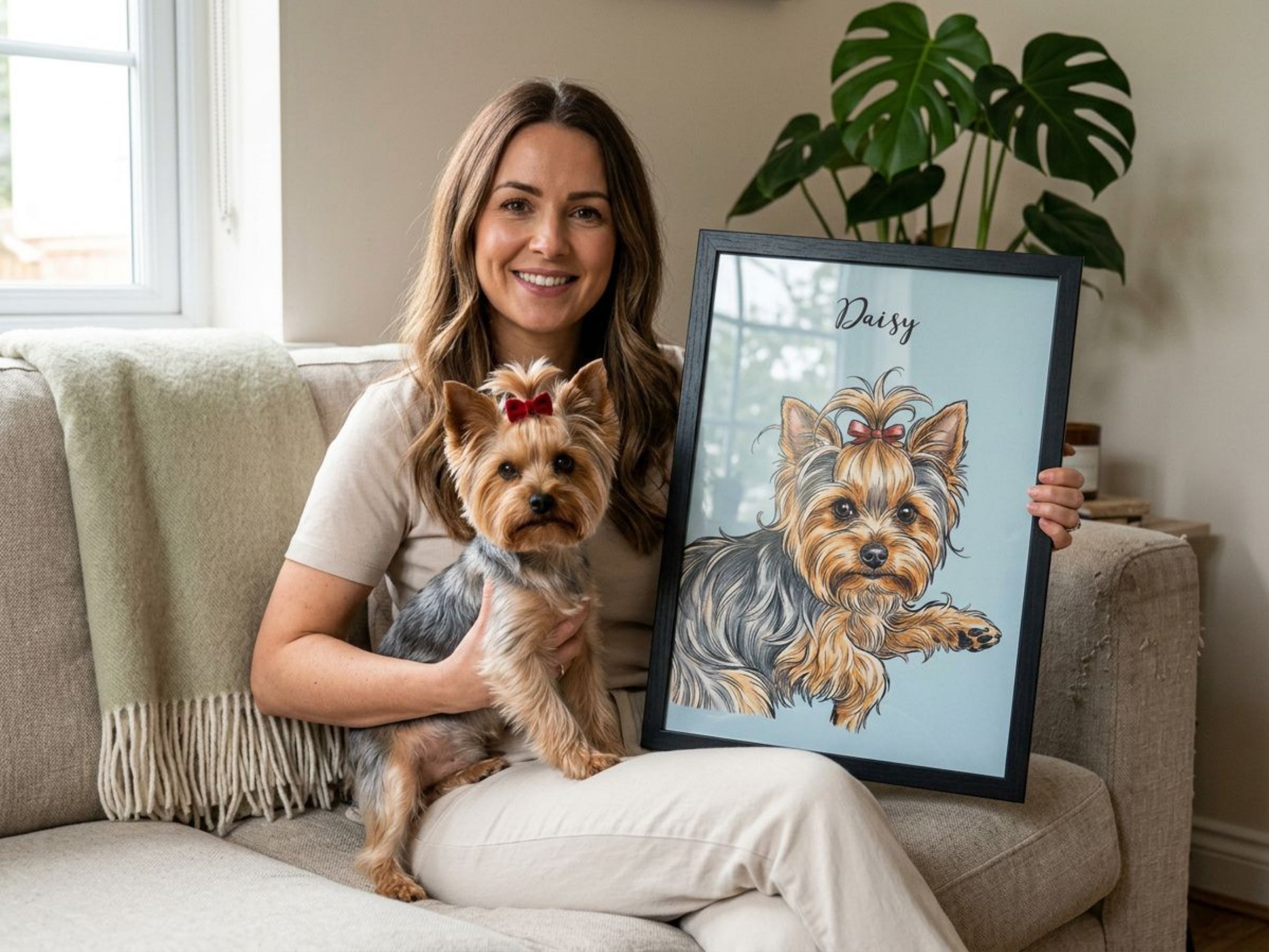 Personalized watercolor pet portrait gift for a dog mom displayed in a cozy home