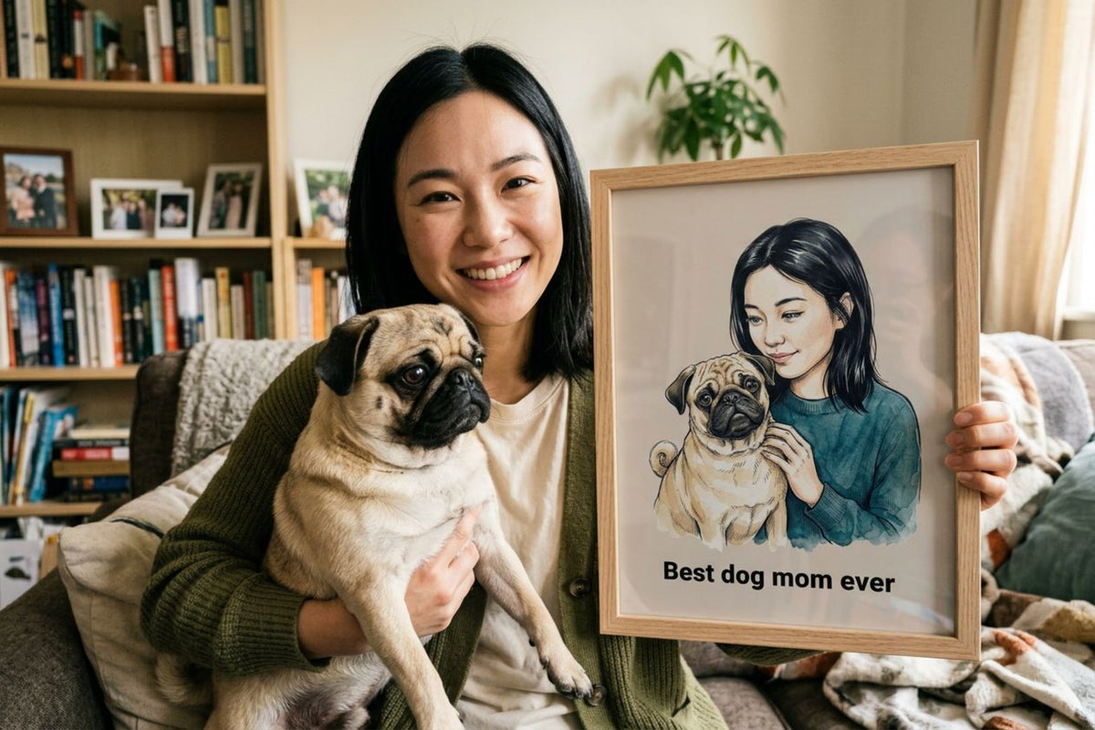 Custom pet and owner watercolor portrait created from separate owner and pet photos