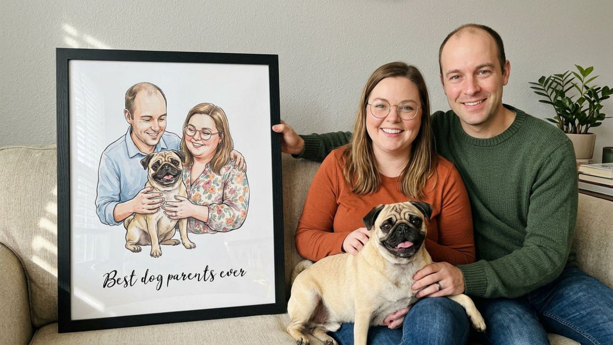 Custom watercolor pet and owner portrait displayed as a meaningful gift for couples and families