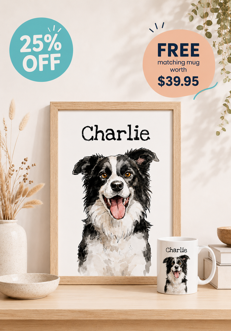 Framed print of a dog named 'Charlie' with a matching mug on a shelf.