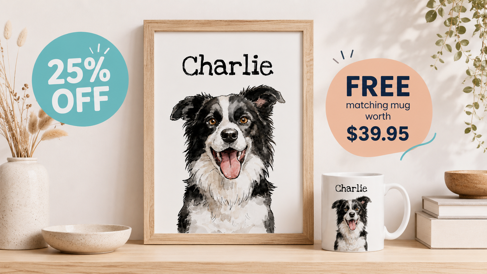 Framed print of a dog named Charlie with a free mug offer on a decorative shelf.