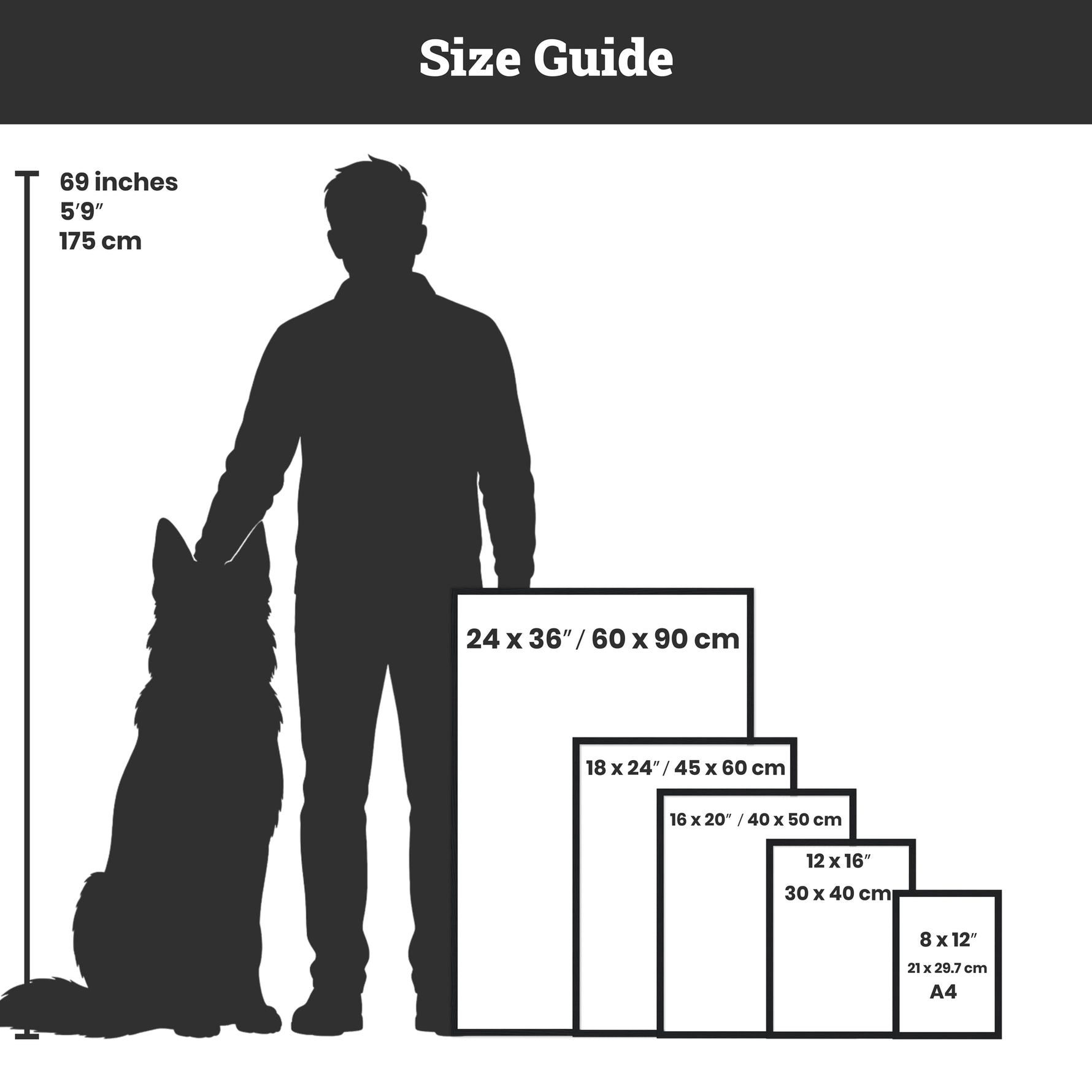 Size guide comparing a person, dog, and various frame sizes in inches and centimeters.