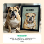 English Bulldog sitting beside a framed custom pet portrait personalized with the name Winston, shown with a five-star customer review.