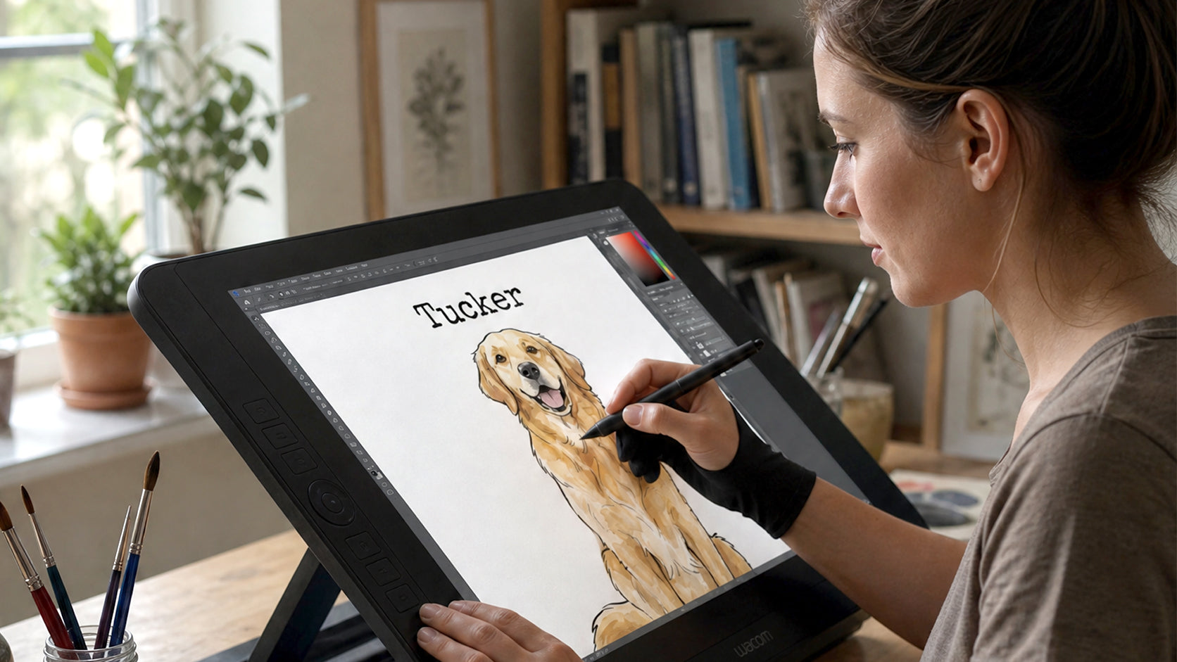 Artist creating a custom dog portrait on a drawing tablet