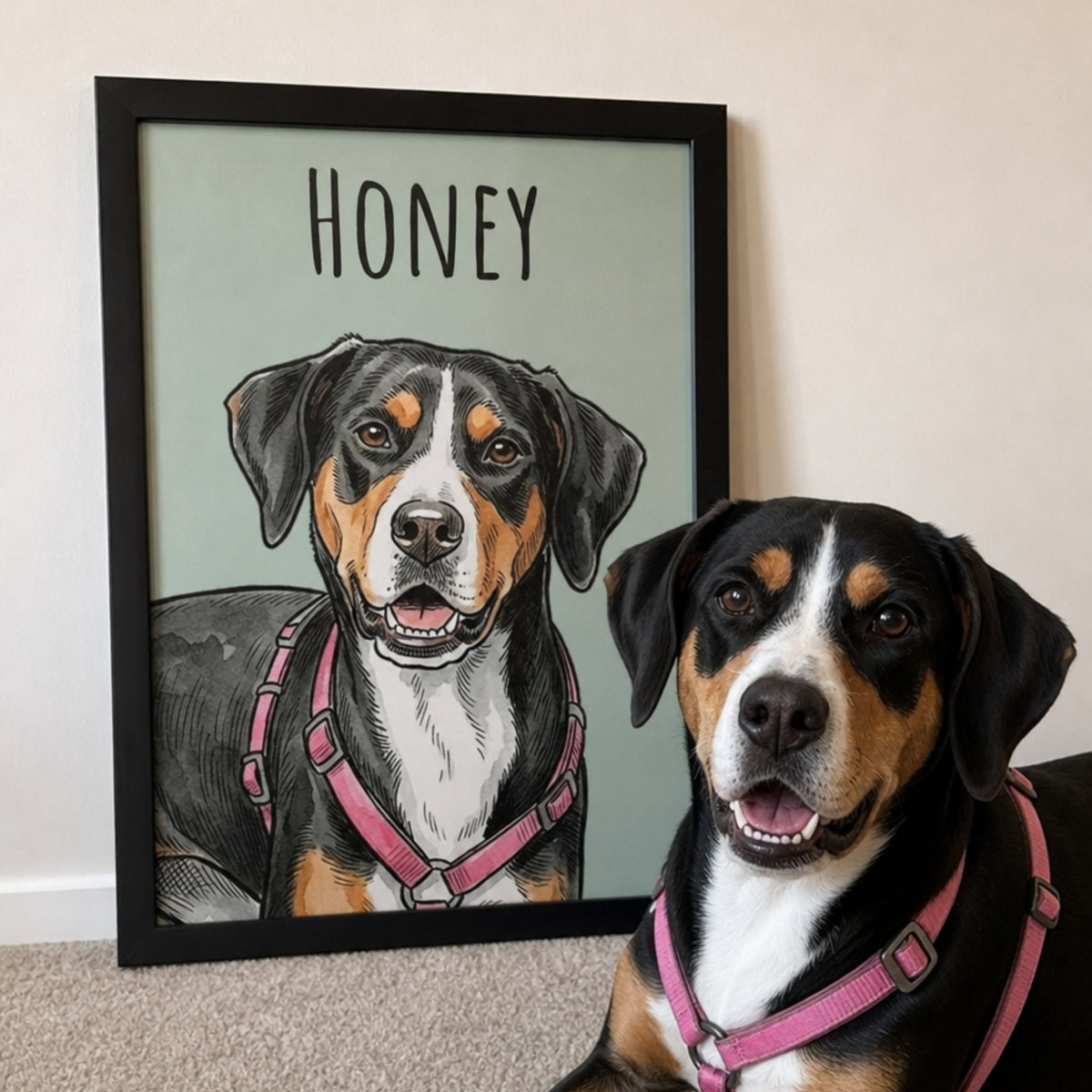 Tricolor dog wearing a pink harness beside a framed custom pet portrait personalized with the name Honey.