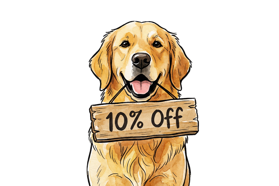 Golden retriever illustration holding a 10% off discount sign