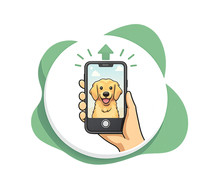 A stylized illustration of a hand holding a smartphone with a cartoon golden dog on the screen, centered on a white circular background with green abstract shapes.