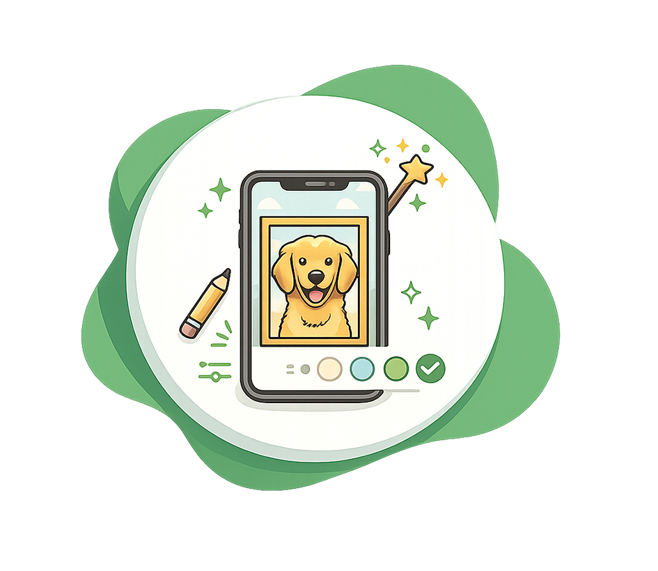 A stylized digital illustration of a smartphone showing a golden retriever portrait, surrounded by green abstract shapes, a pencil, sparkles, and editing icons on a white background.