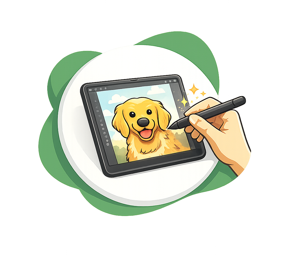 A stylized illustration of a hand holding a black stylus over a tablet that shows a cartoon golden retriever dog, with green and white abstract shapes on a light gray background.