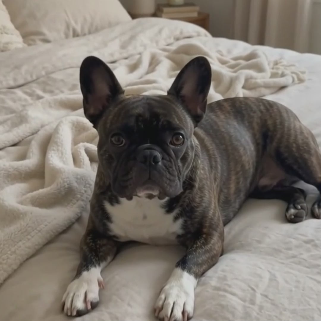 Brindle French Bulldog lying on a soft bed and looking toward the camera.